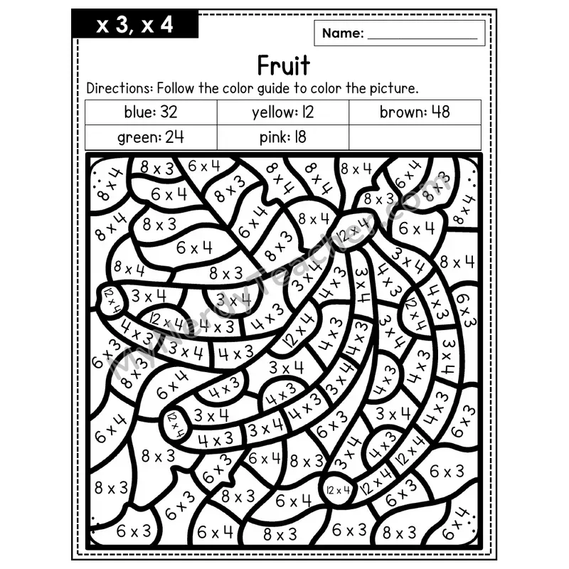 Multiplication Color by Number — x3, x4 — Fruit (Page 2)
