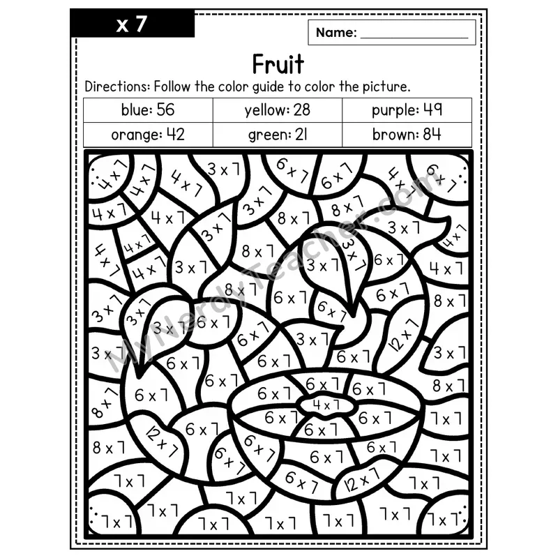Multiplication Color by Number — x7 — Fruit (Page 4)