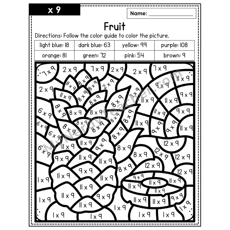 Multiplication Color by Number — x9 — Fruit (Page 6)