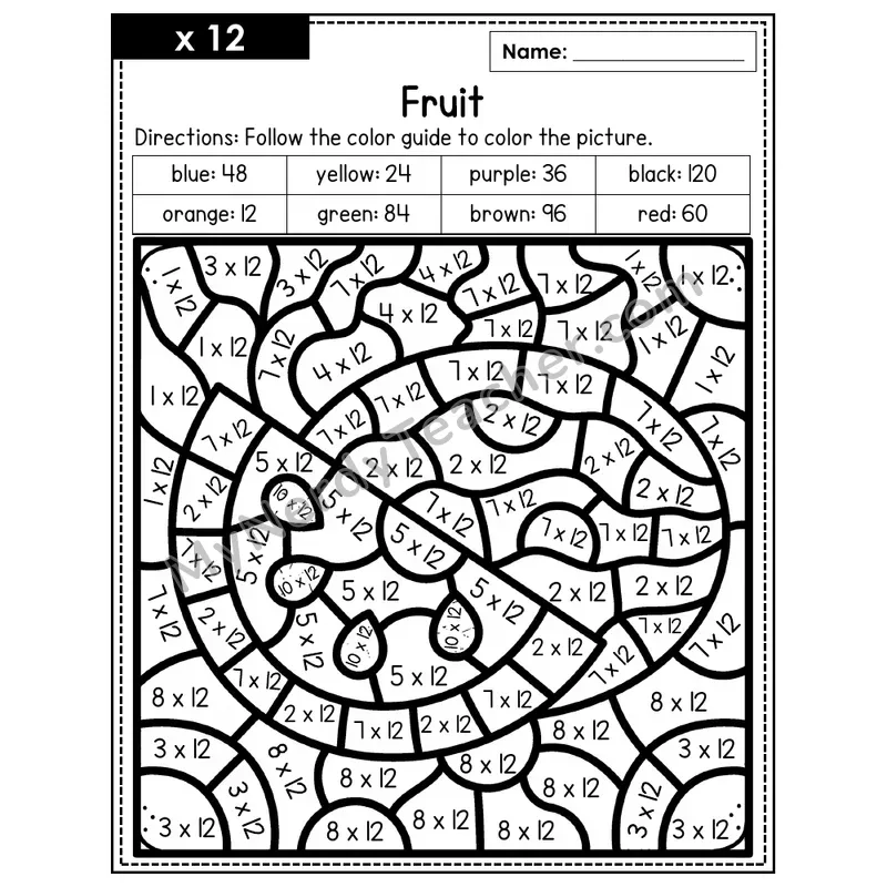 Multiplication Color by Number — x12 — Fruit (Page 8)