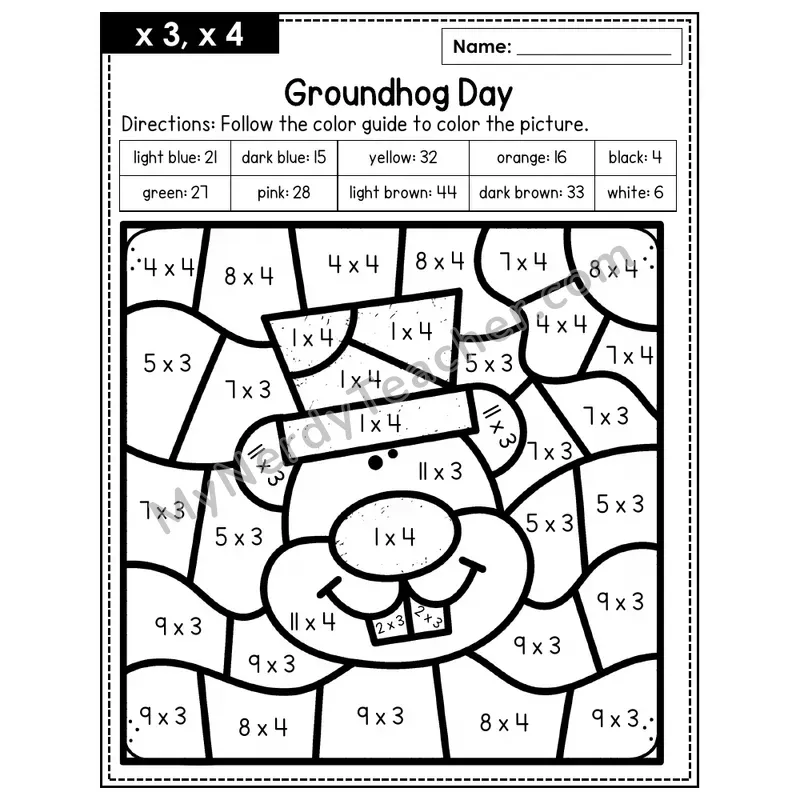 Multiplication Color by Number — x3, x4 — Groundhog Day (Page 2)