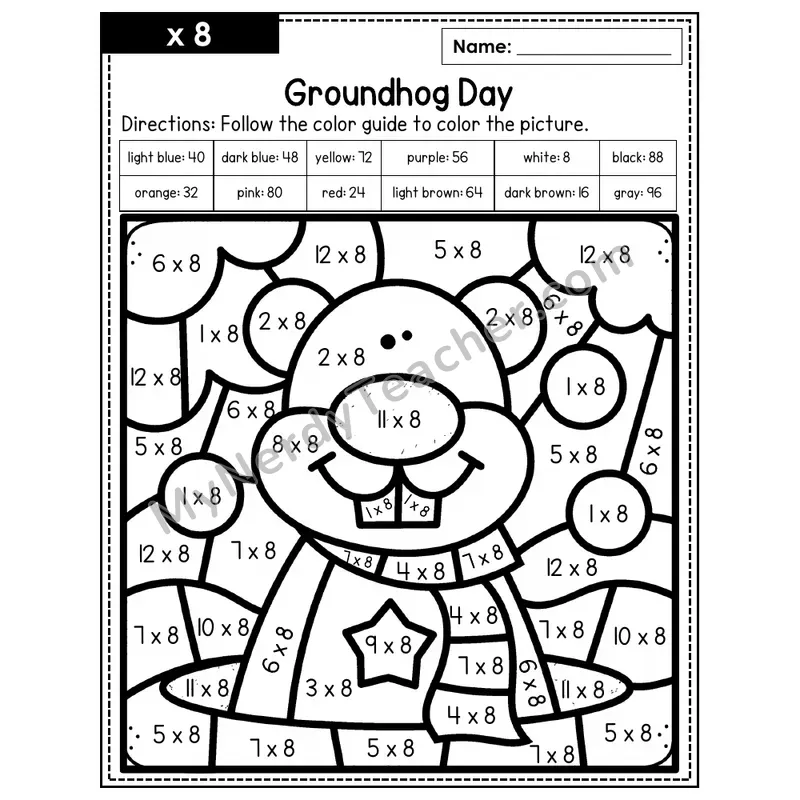 Multiplication Color by Number — x8 — Groundhog Day (Page 5)