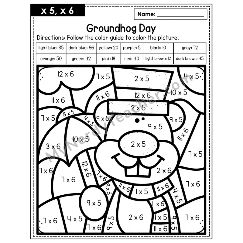 Multiplication Color by Number — x5, x6 — Groundhog Day (Page 3)
