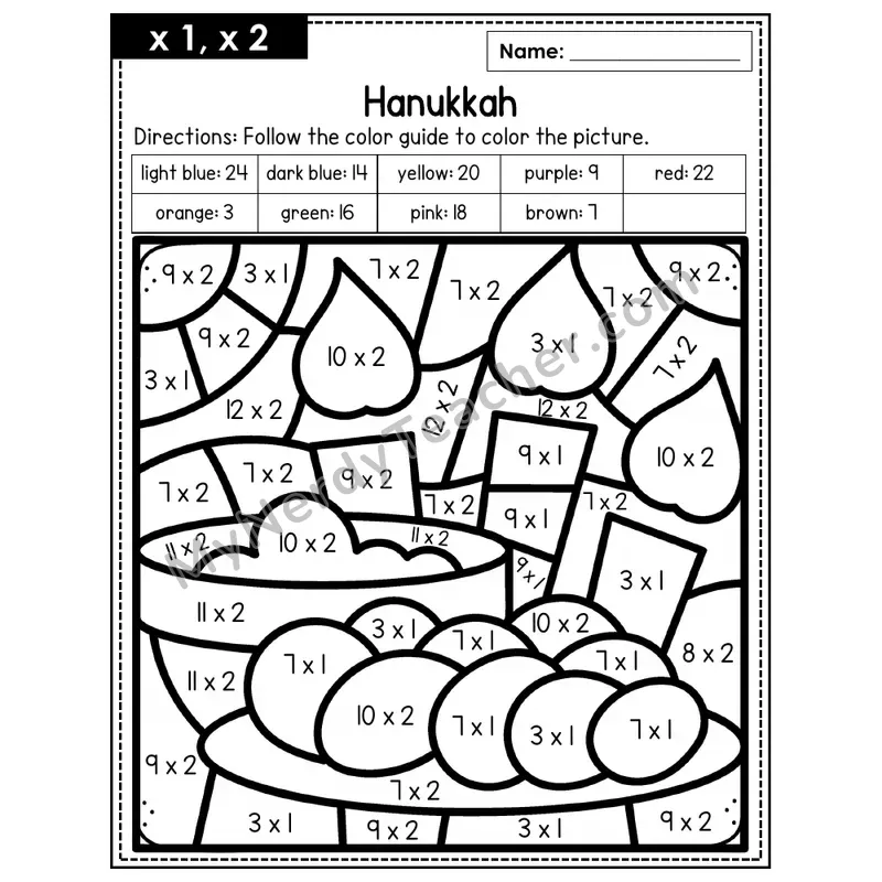 Multiplication Color by Number — x1, x2 — Hanukkah (Page 1)