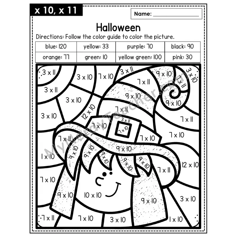 Multiplication Color by Number — x10, x11 — Halloween (Page 7)
