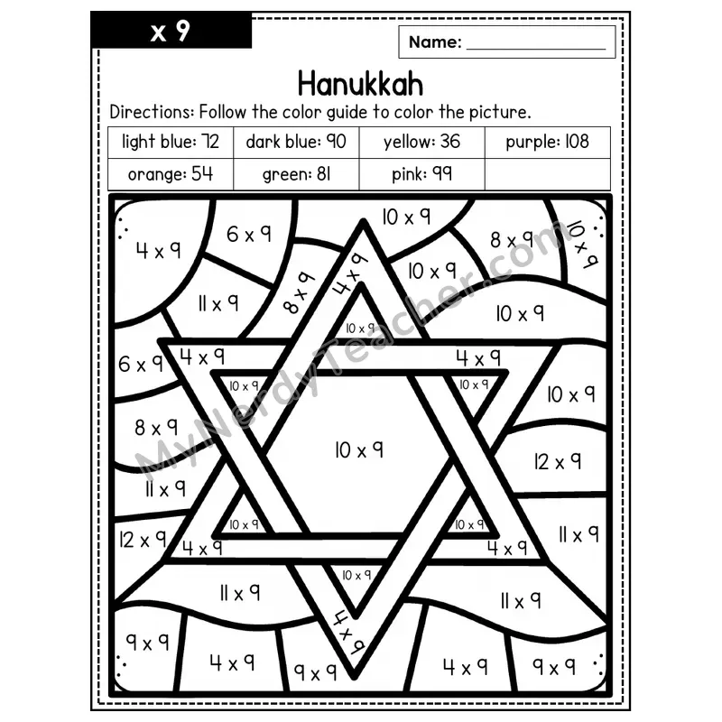 Multiplication Color by Number — x9 — Hanukkah (Page 6)