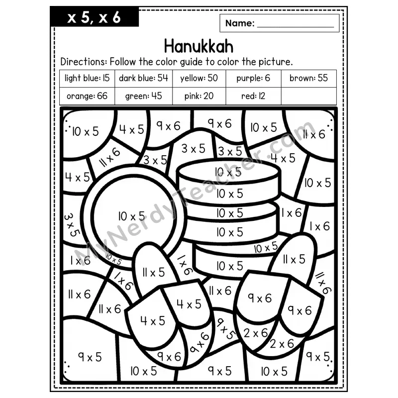 Multiplication Color by Number — x5, x6 — Hanukkah (Page 3)