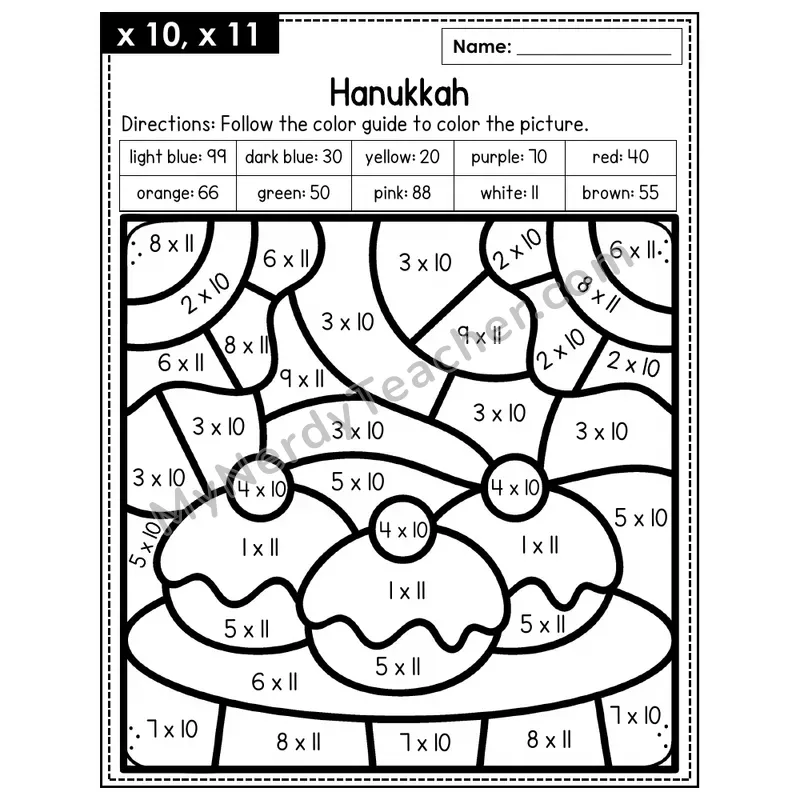 Multiplication Color by Number — x10, x11 — Hanukkah (Page 7)
