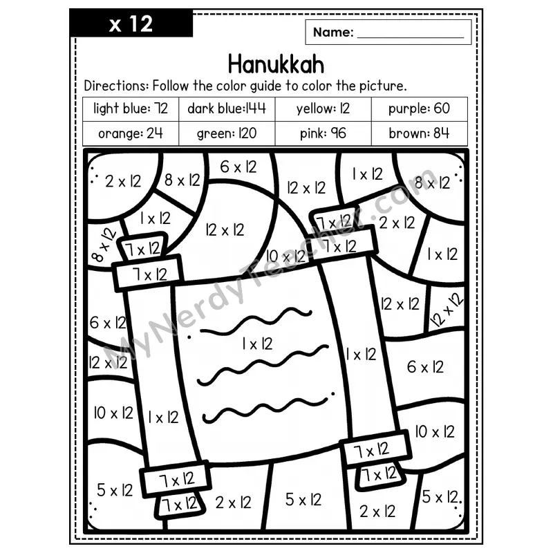 Multiplication Color by Number — x12 — Hanukkah (Page 8)