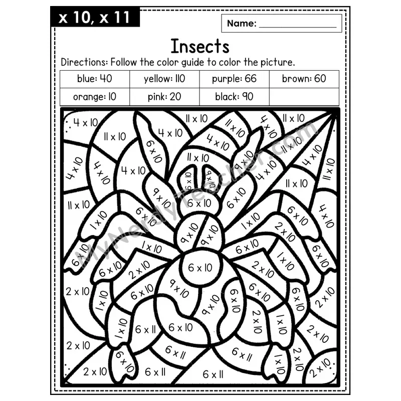 Multiplication Color by Number — x10, x11 — Insects (Page 7)
