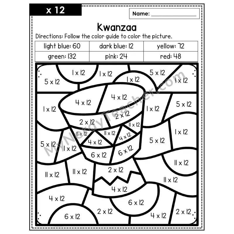 Multiplication Color by Number — x12 — Kwanzaa (Page 8)