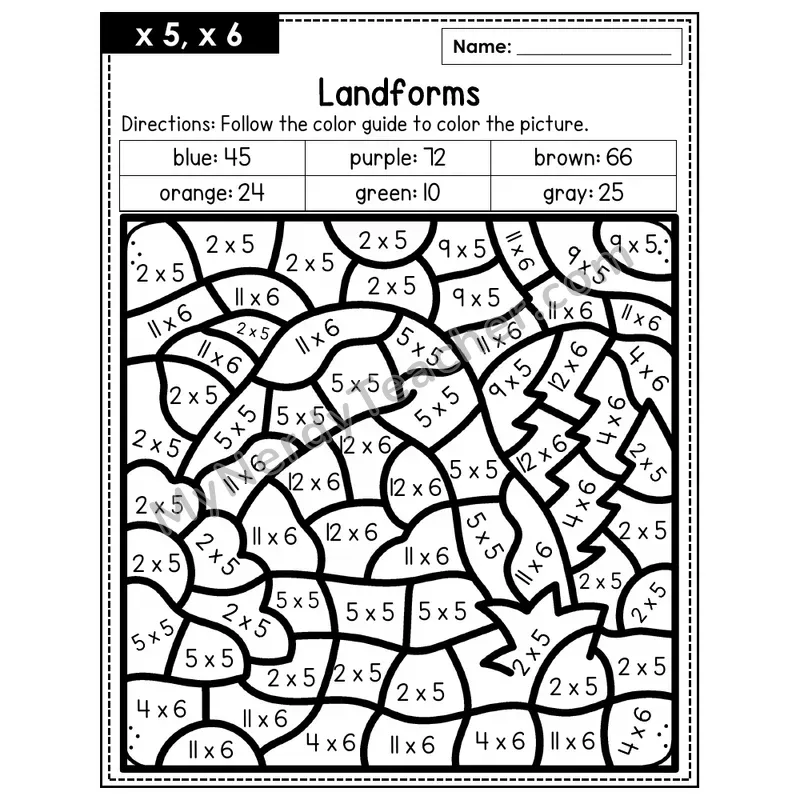 Multiplication Color by Number — x5, x6 — Landforms (Page 3)