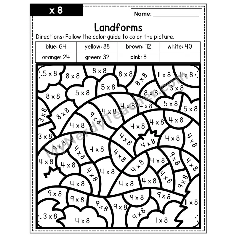 Multiplication Color by Number — x8 — Landforms (Page 5)