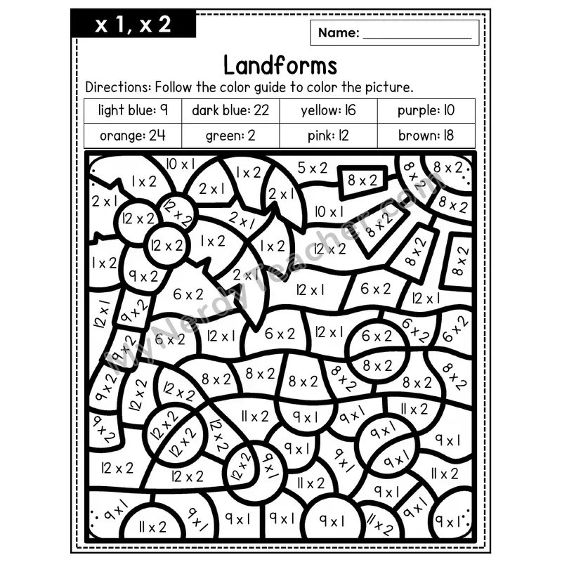 Multiplication Color by Number — x1, x2 — Landforms (Page 1)