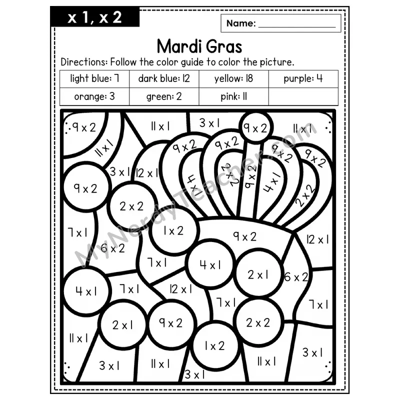 Multiplication Color by Number — x1, x2 — Mardi Gras (Page 1)