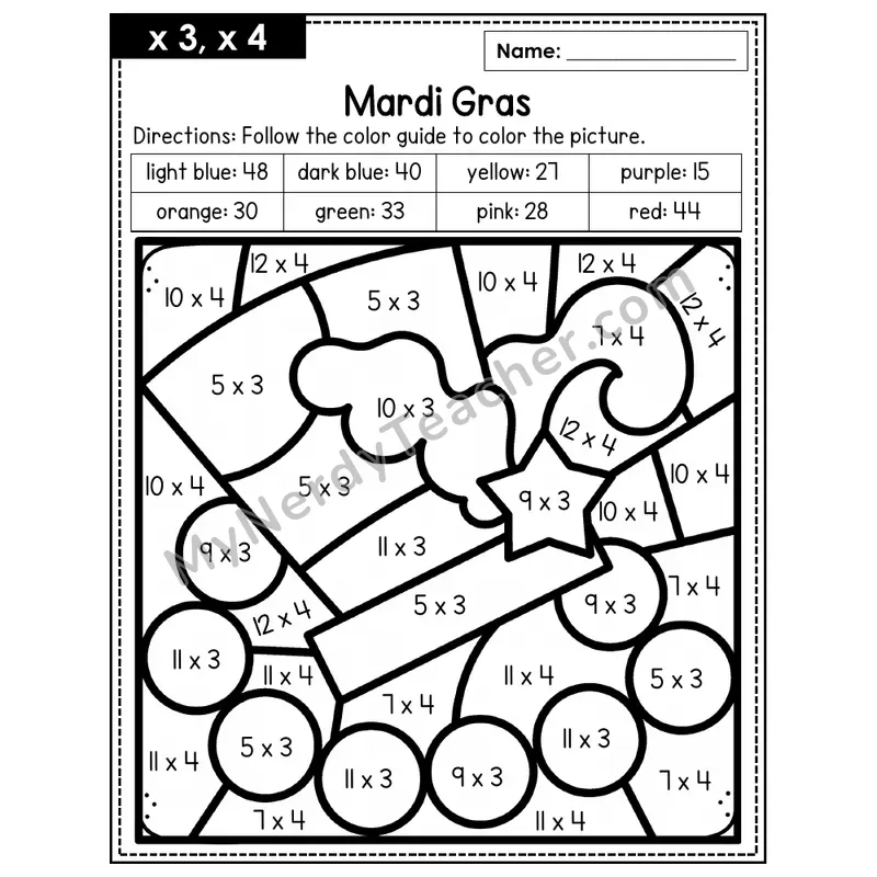 Multiplication Color by Number — x3, x4 — Mardi Gras (Page 2)