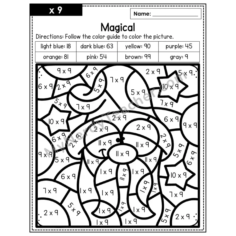 Multiplication Color by Number — x9 — Magical (Page 6)