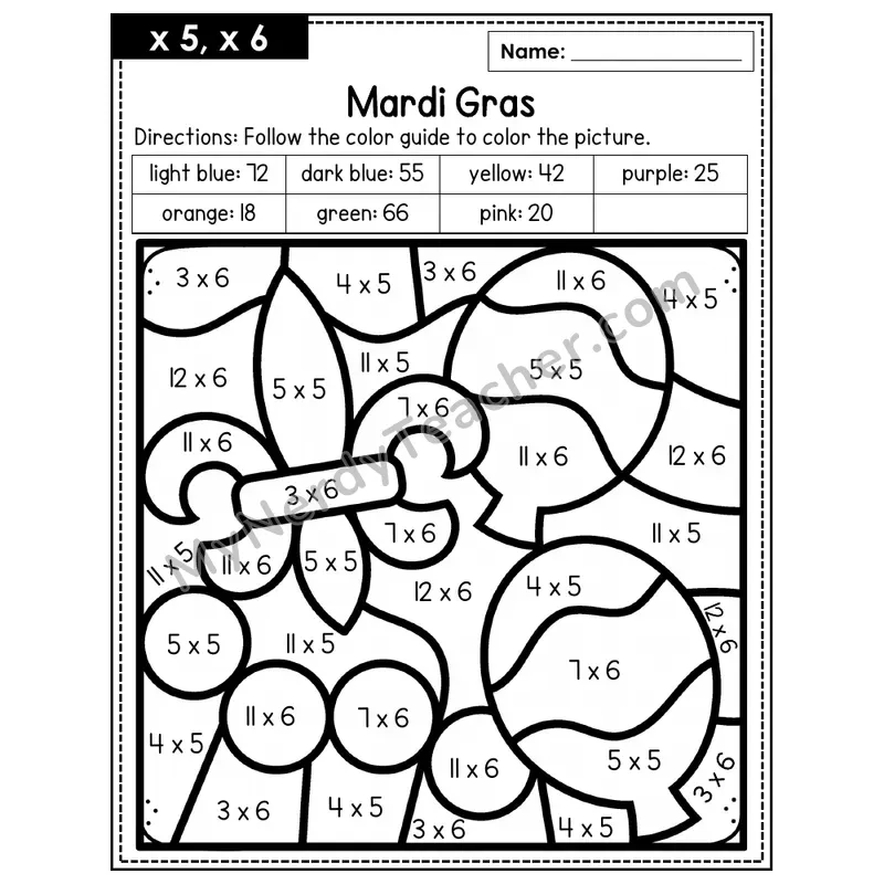 Multiplication Color by Number — x5, x6 — Mardi Gras (Page 3)