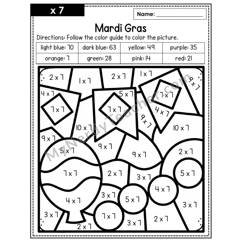 Multiplication Color by Number — x7 — Mardi Gras (Page 4)