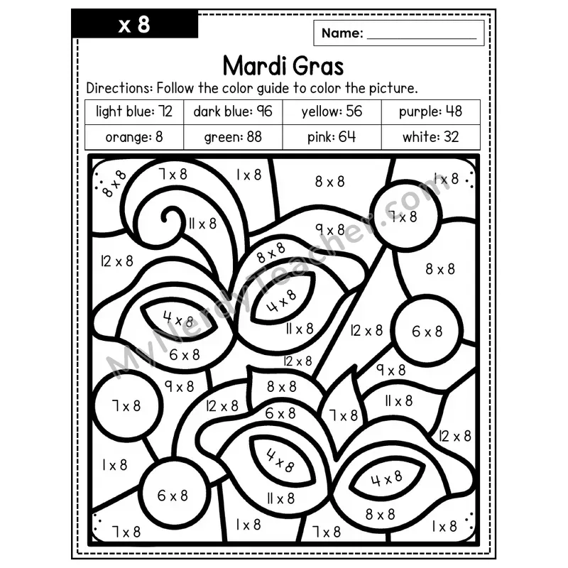 Multiplication Color by Number — x8 — Mardi Gras (Page 5)
