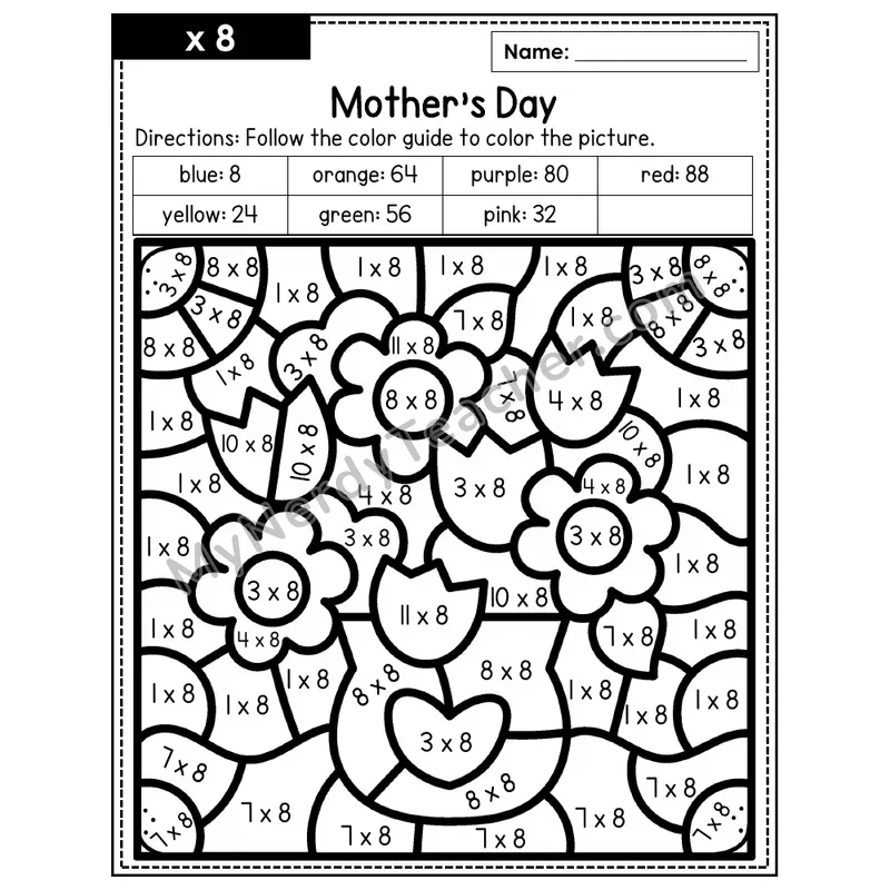 Multiplication Color by Number — x8 — Mother's Day (Page 5)