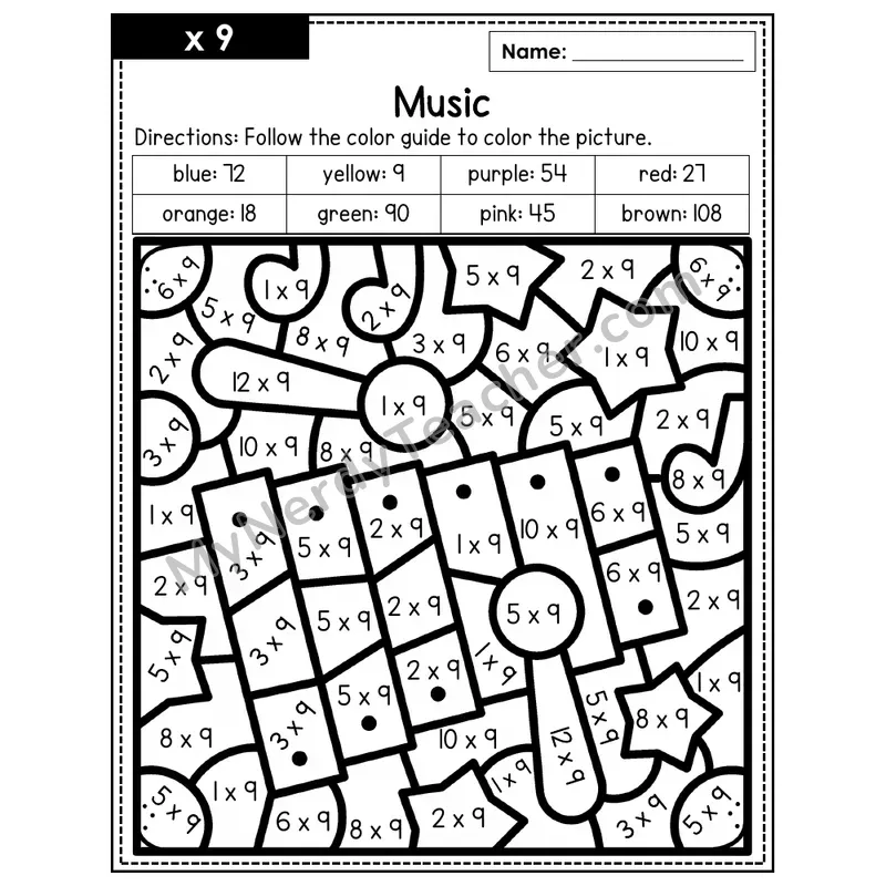 Multiplication Color by Number — x9 — Music (Page 6)