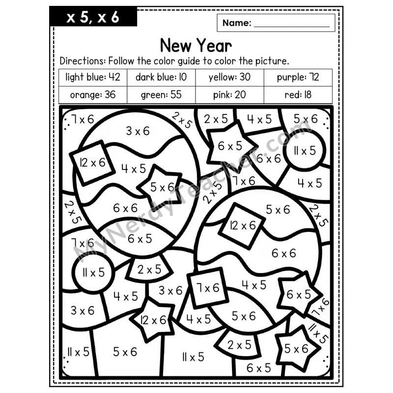 Multiplication Color by Number — x5, x6 — New Years (Page 3)