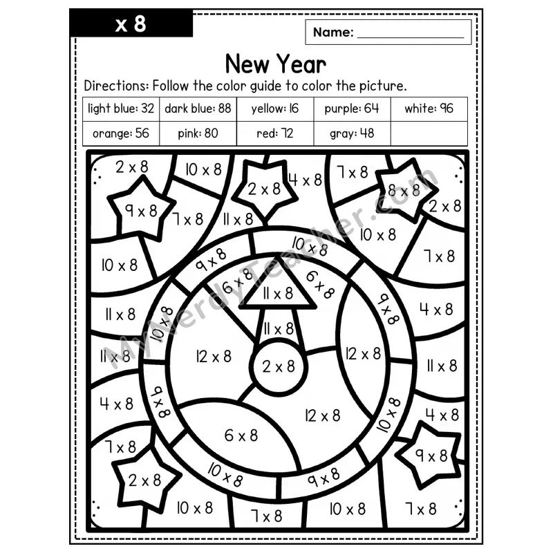 Multiplication Color by Number — x8 — New Years (Page 5)