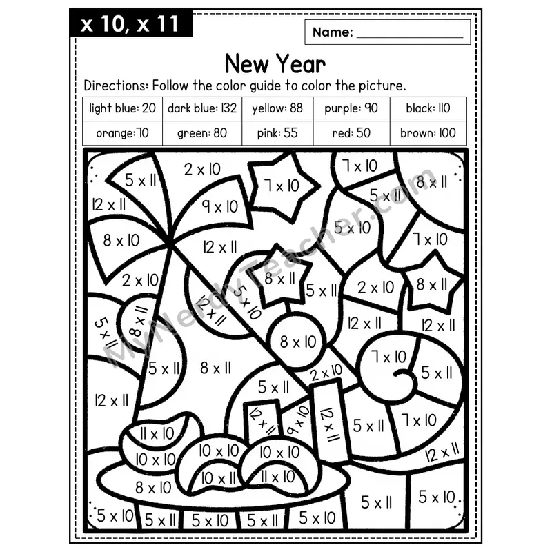 Multiplication Color by Number — x10, x11 — New Years (Page 7)