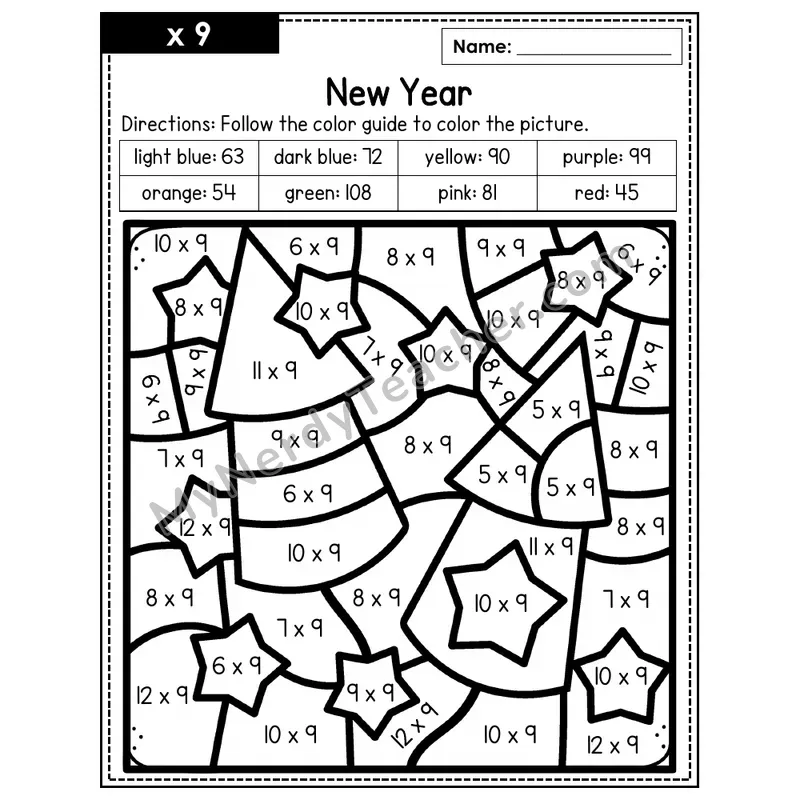 Multiplication Color by Number — x9 — New Years (Page 6)