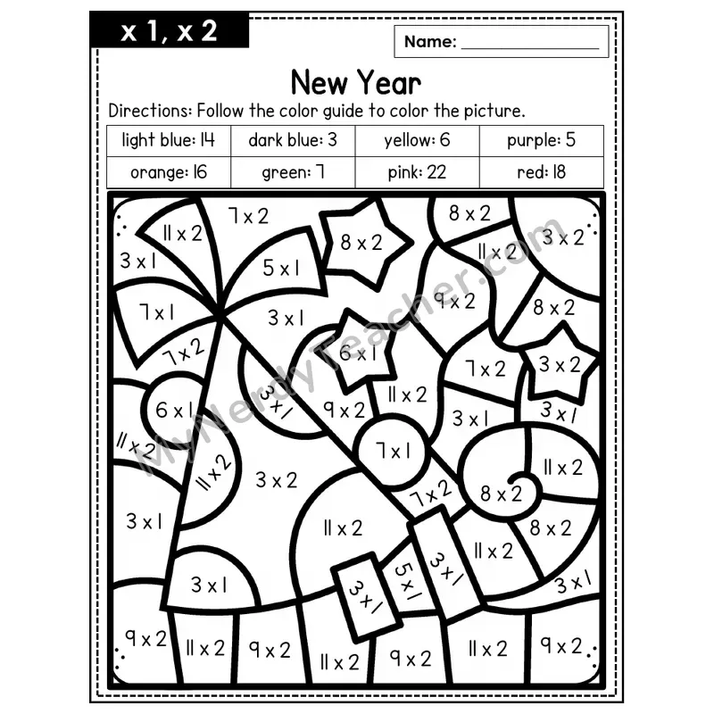Multiplication Color by Number — x1, x2 — New Years (Page 9)