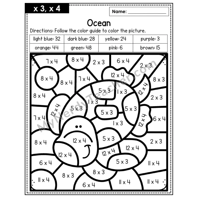 Multiplication Color by Number — x3, x4 — Ocean (Page 2)