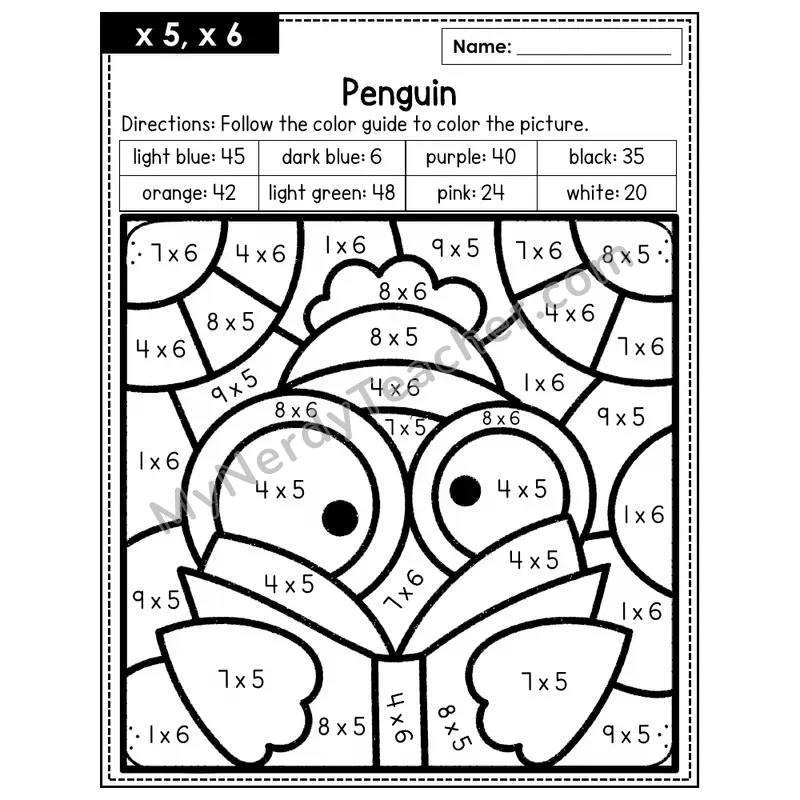 Multiplication Color by Number — x5, x6 — Penguin (Page 3)