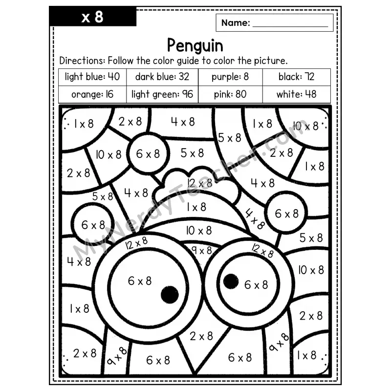 Multiplication Color by Number — x8 — Penguin (Page 5)
