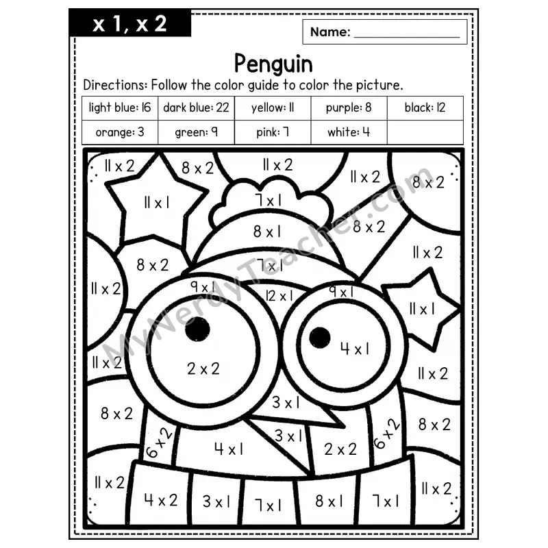 Multiplication Color by Number — x1, x2 — Penguin (Page 1)