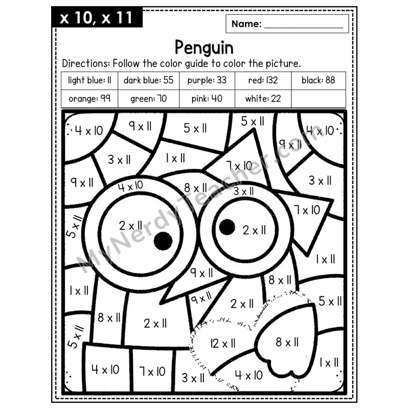 Multiplication Color by Number — x10, x11 — Penguin (Page 7)