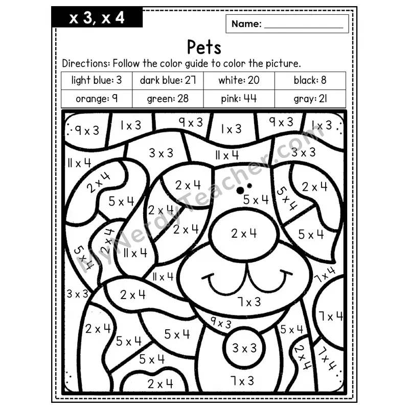 Multiplication Color by Number — x3, x4 — Pets (Page 2)