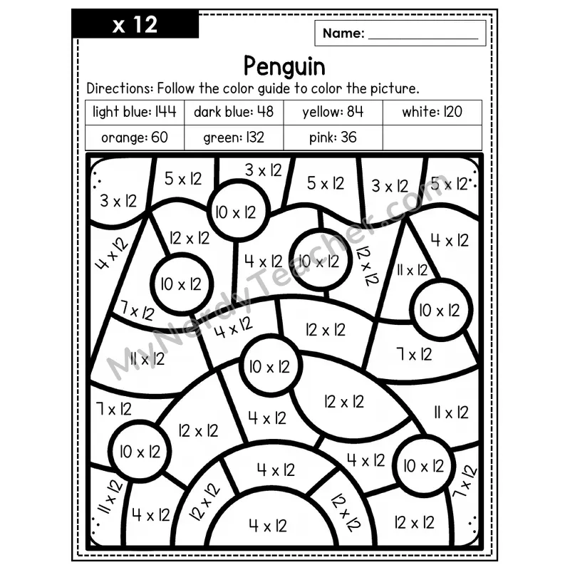 Multiplication Color by Number — x12 — Penguin (Page 8)
