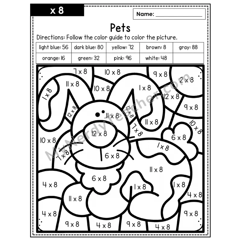 Multiplication Color by Number — x8 — Pets (Page 5)