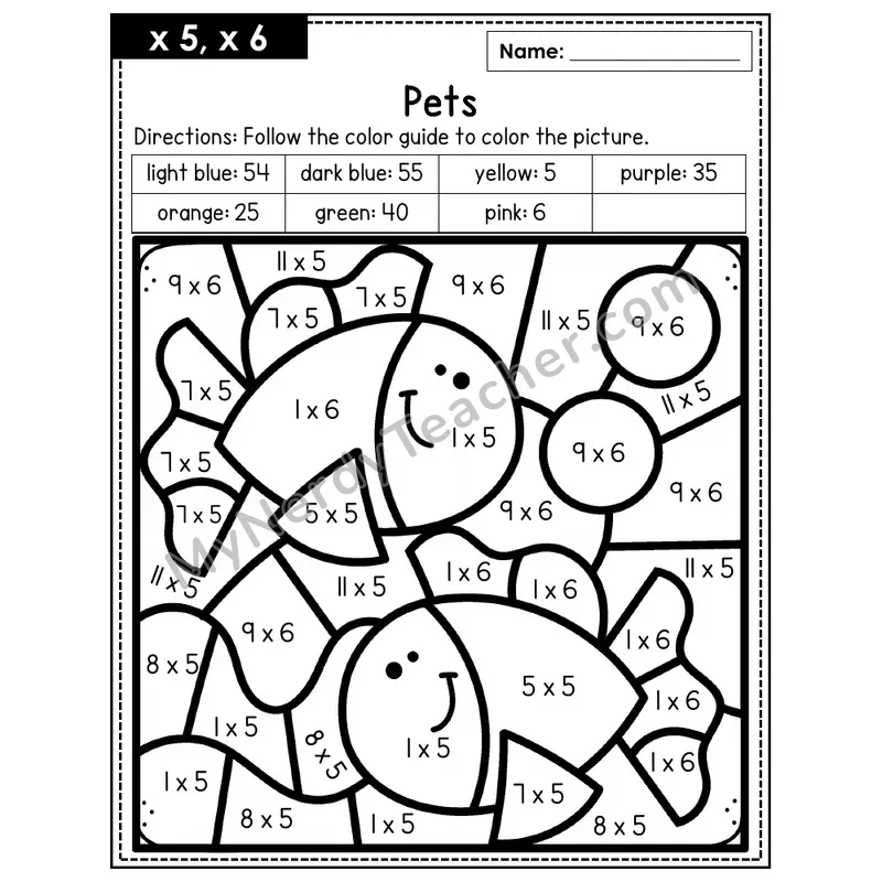 Multiplication Color by Number — x5, x6 — Pets (Page 3)