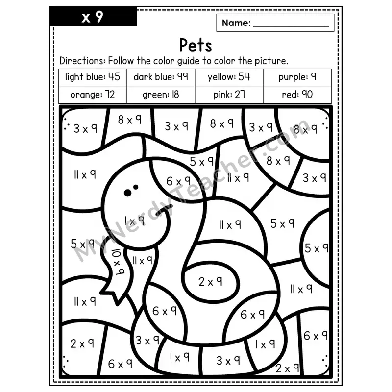 Multiplication Color by Number — x9 — Pets (Page 6)