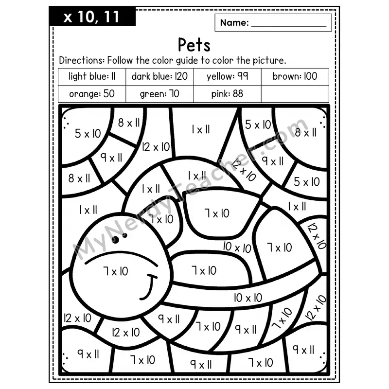 Multiplication Color by Number — x10, x11 — Pets (Page 7)