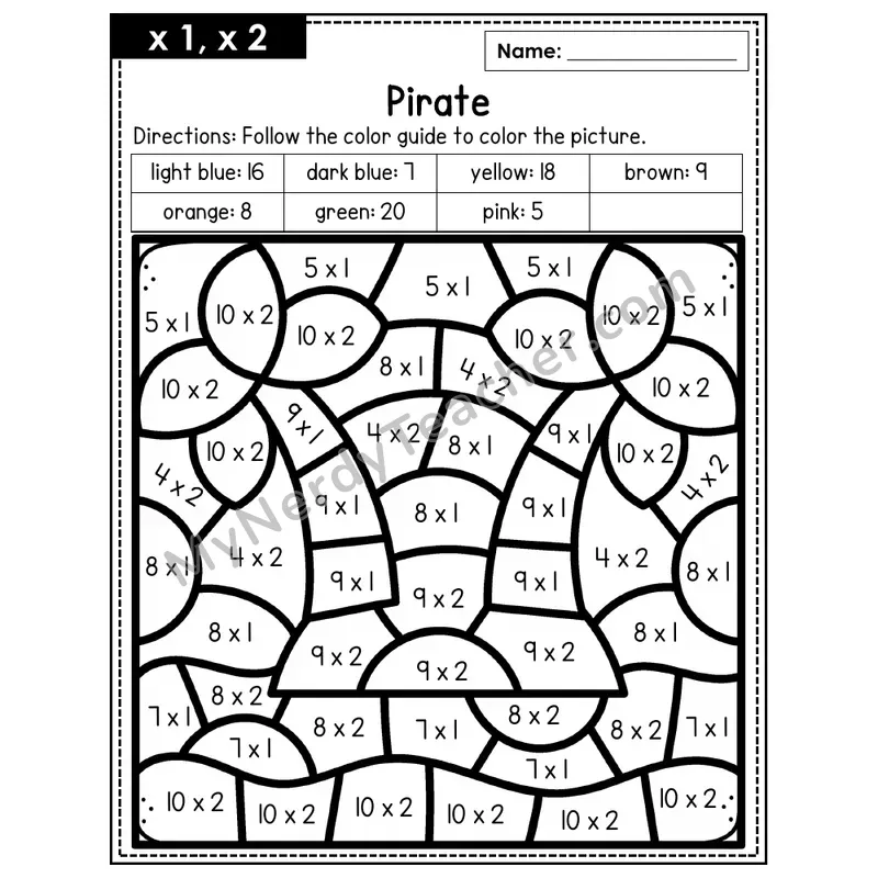 Multiplication Color by Number — x1, x2 — Pirate (Page 1)