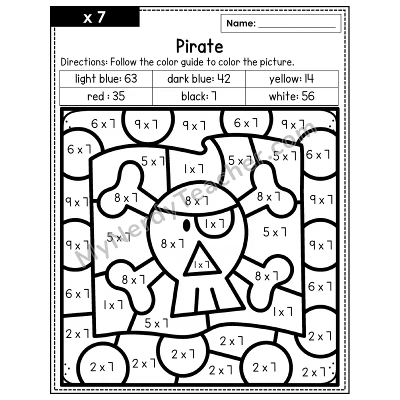 Multiplication Color by Number — x7 — Pirate (Page 4)