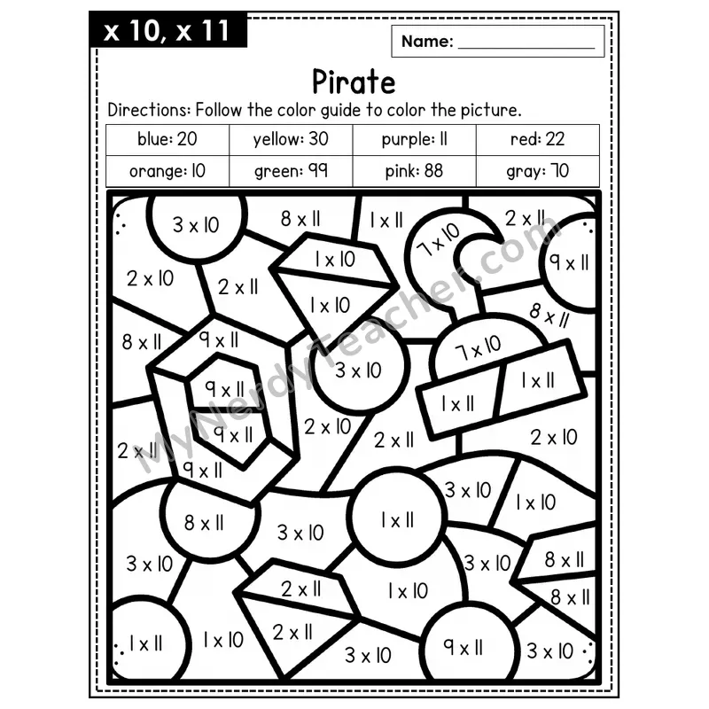 Multiplication Color by Number — x10, x11 — Pirate (Page 7)