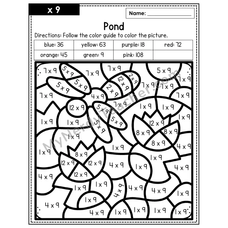 Multiplication Color by Number — x9 — Pond (Page 6)
