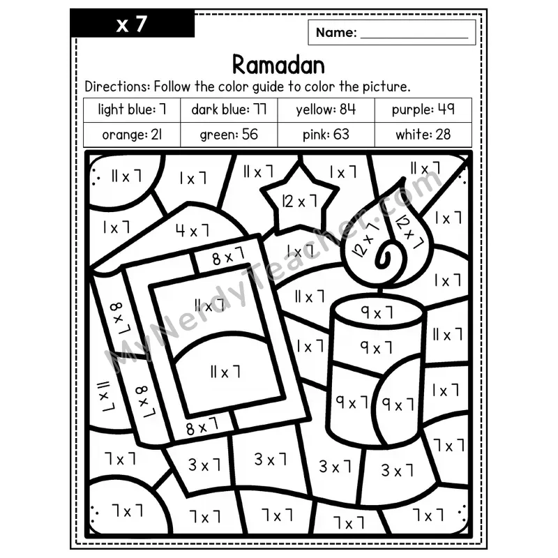 Multiplication Color by Number — x7 — Ramadan (Page 4)