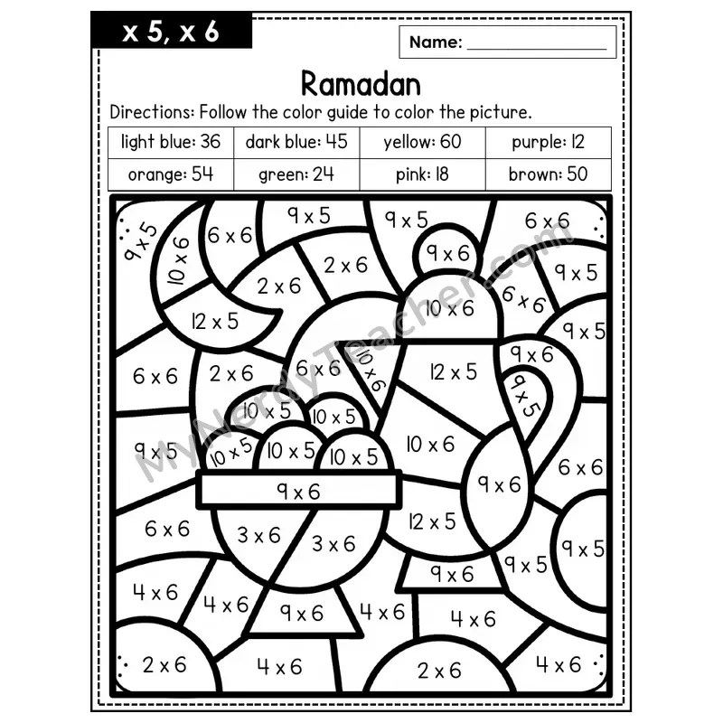 Multiplication Color by Number — x5, x6 — Ramadan (Page 3)