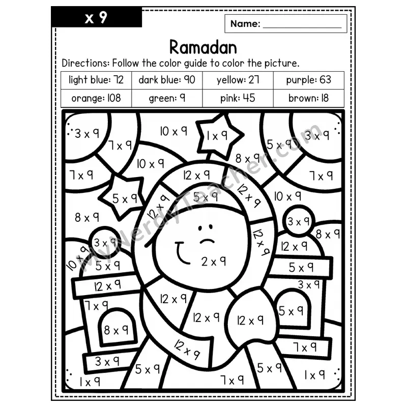 Multiplication Color by Number — x9 — Ramadan (Page 6)