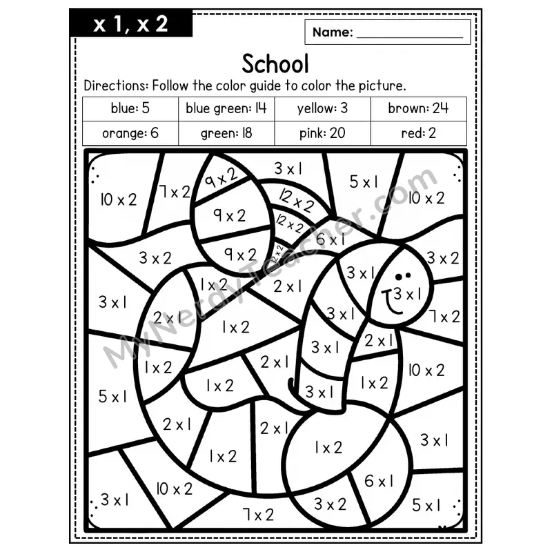 Multiplication Color by Number — x1, x2 — School (Page 1)